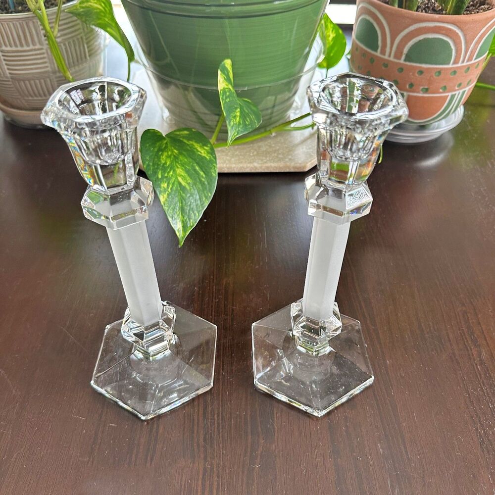 Vtg Heisey Glass Crystal Candlesticks Hexagonal Base w/ Frosted Center Pillar